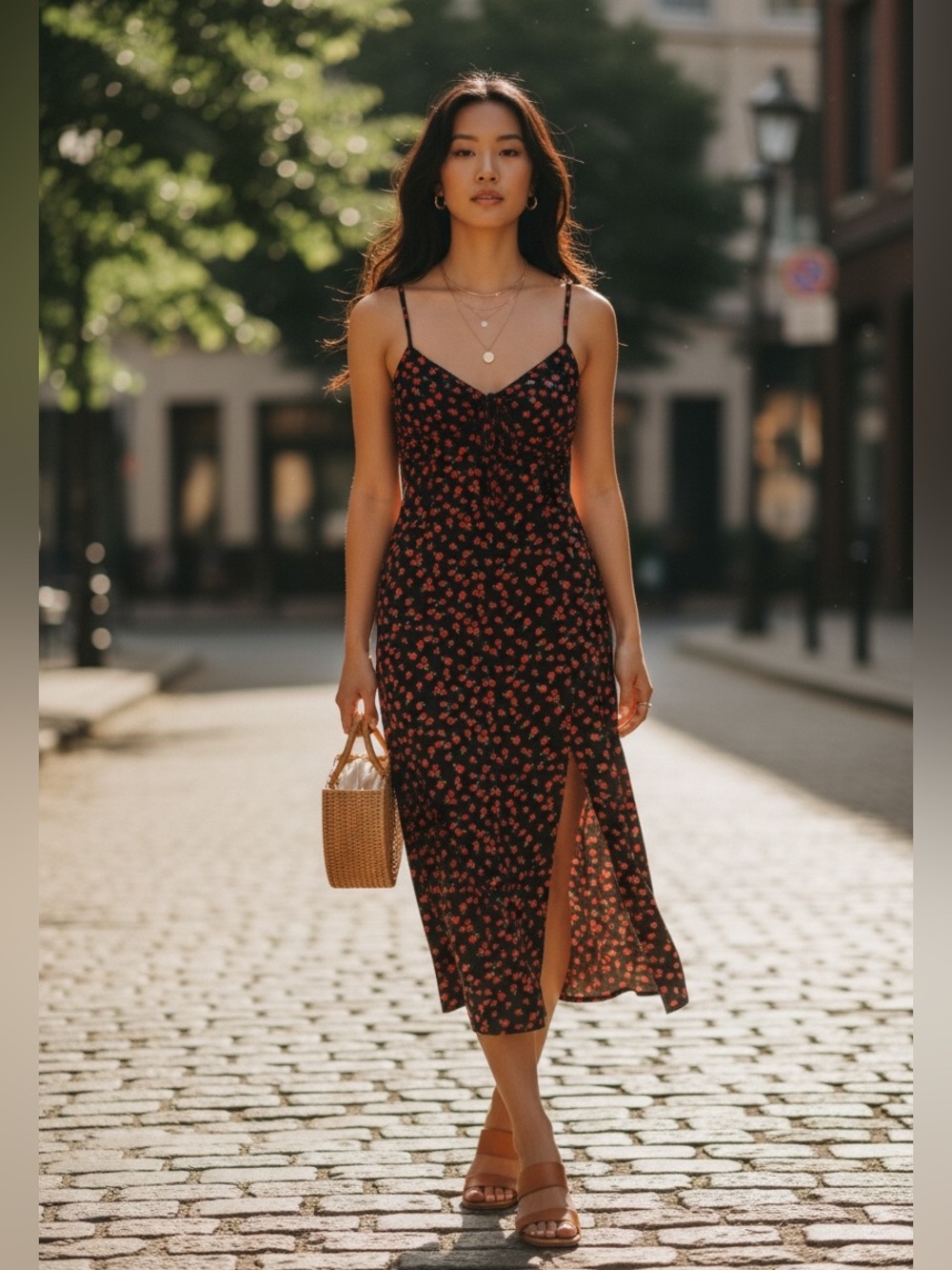 Princess Polly Black Red Floral Tie Front Side Slit Midi Dress 8